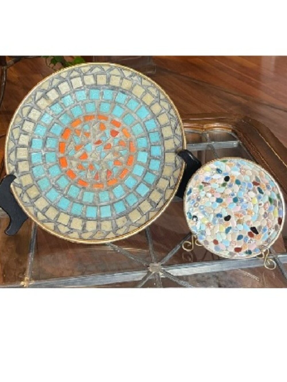 Mosaic Plates (2) 1960s: 12” Geometric Design, 6” Pebble-Style Mid-Century